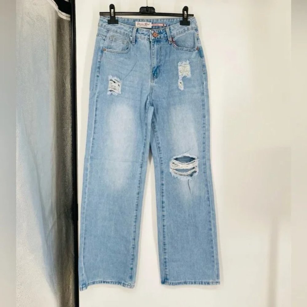 Blue High Waist Ripped Distressed Wide Leg Jeans Denim Pants - Picture 8 of 12